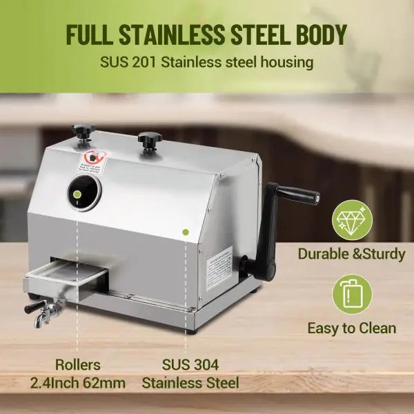 Manual Sugarcane Juicer  Triple Stainless Steel Drum Design, 2.4″ Feed Opening, 110 LB/H Output