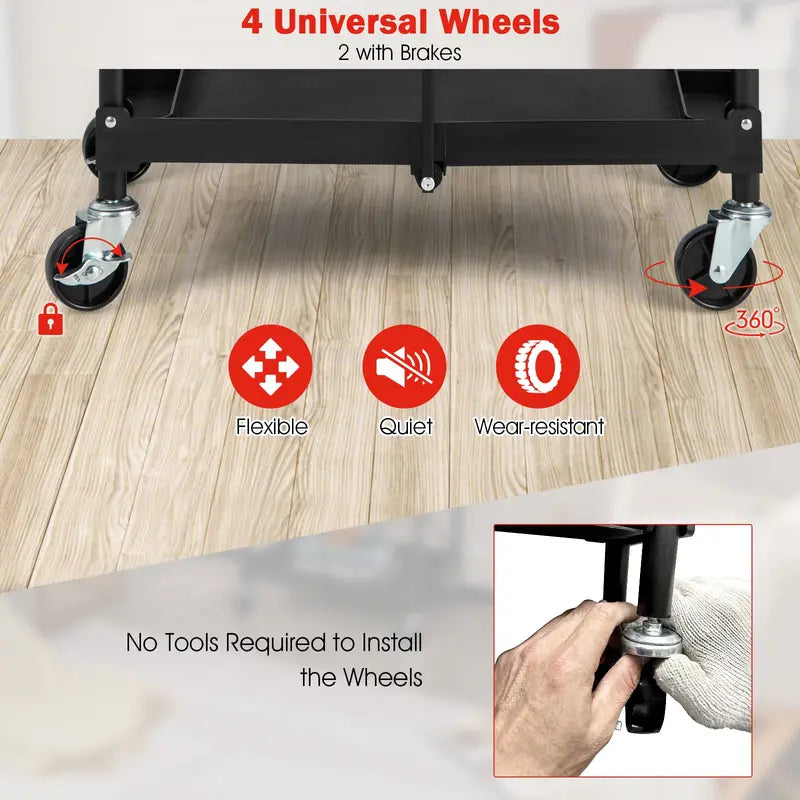 Three-Tier Rolling Utility Cart  Industrial-Strength Folding Tool Trolley with 330 LB Capacity