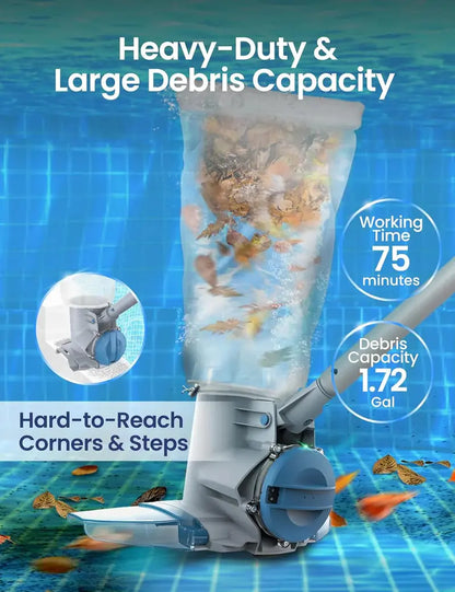 Cordless Rechargeable Pool Vacuum  30 GPM Suction, 75-Min Runtime, Extra-Large Debris Bag for Above-Ground & In-Ground Pools