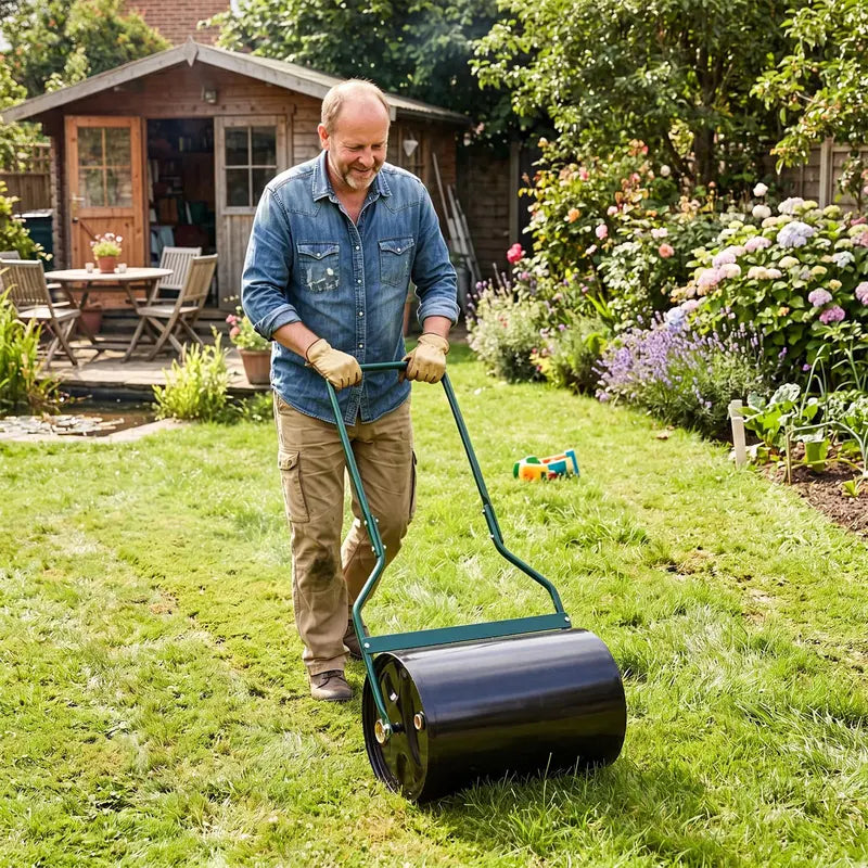 12-Gallon Lawn Roller  Water- or Sand-Filled Drum with U-Handle for Smooth Soil Compaction