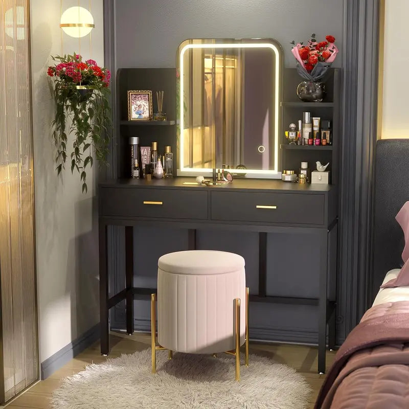 Adjustable LED Vanity Desk  White Dressing Table with Mirror, 2 Drawers, Open Shelves & 3-Color Brightness Control