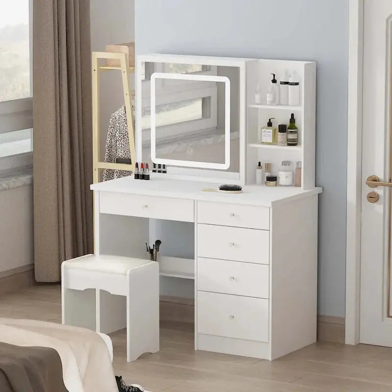 LED Vanity Desk Set  White Makeup Station with Illuminated Mirror and Matching Stool (39.4″ Wide)
