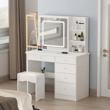 LED Vanity Desk Set  White Makeup Station with Illuminated Mirror and Matching Stool (39.4″ Wide)