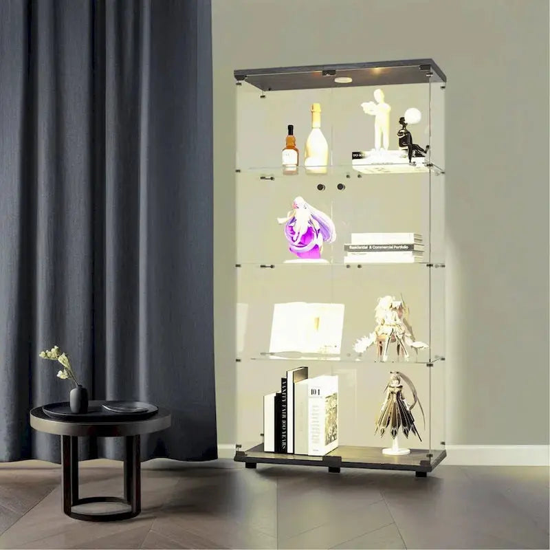 Lighted Double-Door Glass Display Cabinet  Black Finish with Four Adjustable Shelves