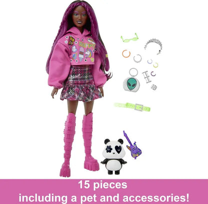 Barbie Extra Fashion Doll with Pink-Streaked Brunette Hair in Graphic Hoodie with Accessories & Pet