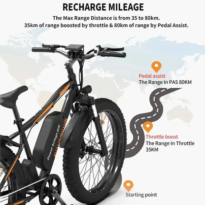 26-Inch Adult Fat-Tire Electric Mountain Bike  48V/13Ah/750W Motor, 7-Speed Drivetrain, Black S48 Frame