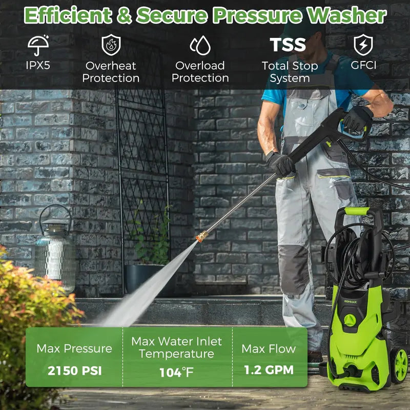 1.2 GPM Electric Pressure Washer  2150 PSI Output with 4 Quick-Connect Spray Nozzles
