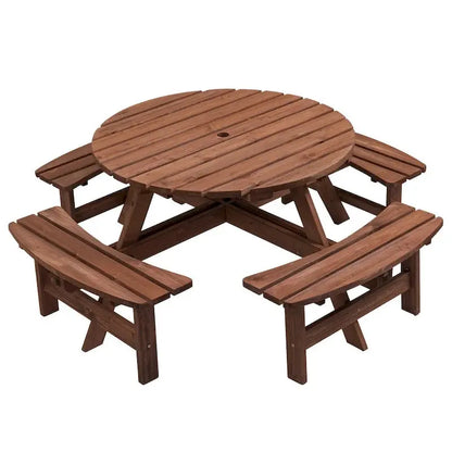 8-Person Fir Wood Picnic Set  Round Patio Table with 4 Built-In Benches & Umbrella Hole