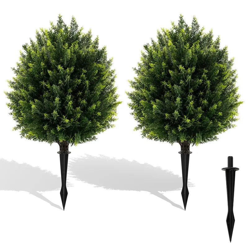 2-Pack Faux Cedar Shrubs with Ground Spikes  Outdoor-Ready Artificial Plants