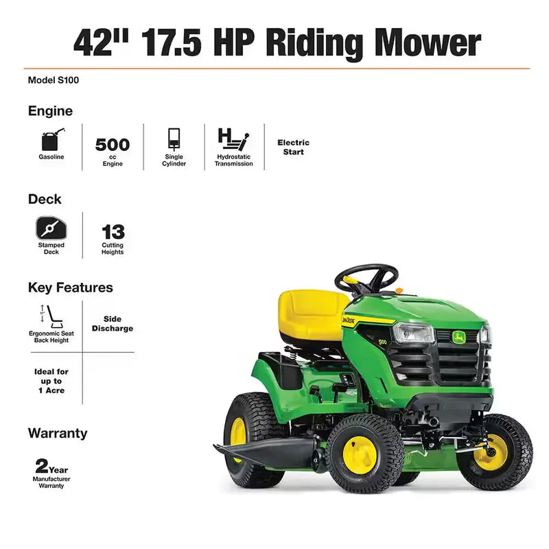 John Deere S100 42-Inch Gas-Powered Riding Lawn Mower with 17.5 HP Hydrostatic Transmission