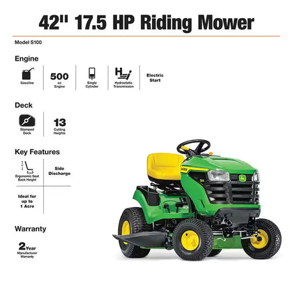 John Deere S100 42-Inch Gas-Powered Riding Lawn Mower with 17.5 HP Hydrostatic Transmission