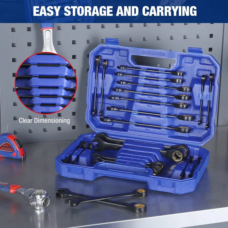 WORKPRO 22-Piece Flex-Head & Standard Ratcheting Wrench Set  Metric & SAE, Anti-Slip Grip with Storage Box