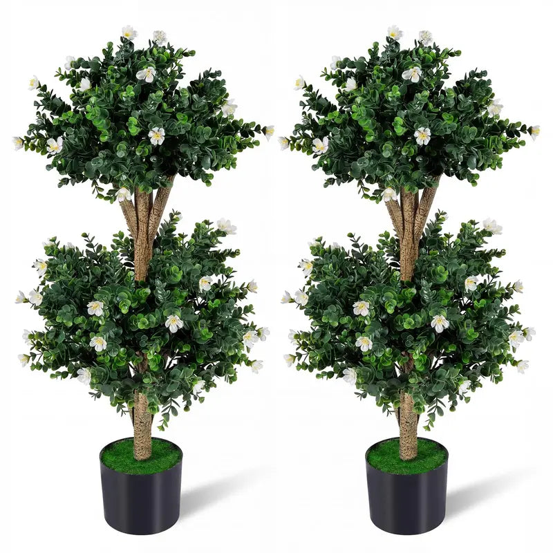 Set of Two 3-Foot Double-Ball Boxwood Topiaries for Porch or Entryway Decoration