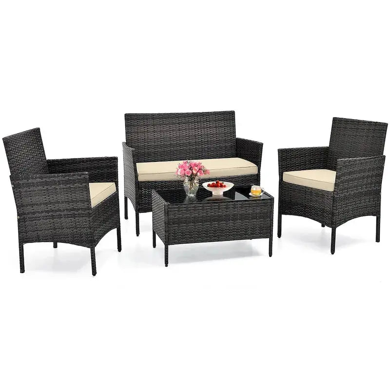 Costway 4-Piece Patio Furniture Set  Tempered Glass Table with Washable Seat Cushions