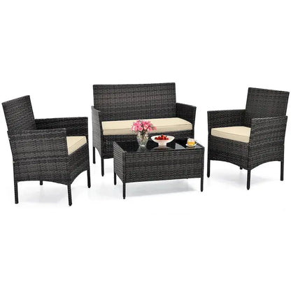 Costway 4-Piece Patio Furniture Set  Tempered Glass Table with Washable Seat Cushions