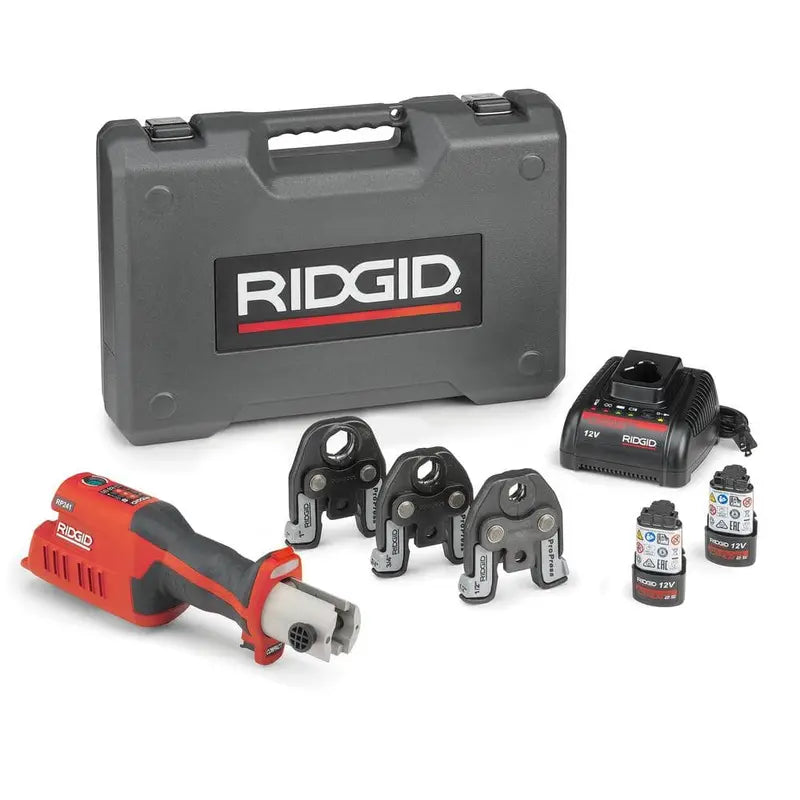 RIDGID RP 241 Compact Inline Press Tool Kit Includes 3 ProPress Jaws (1/2 in., 3/4 in., 1 in.), 2-12V Batteries, Charger + Case 57373