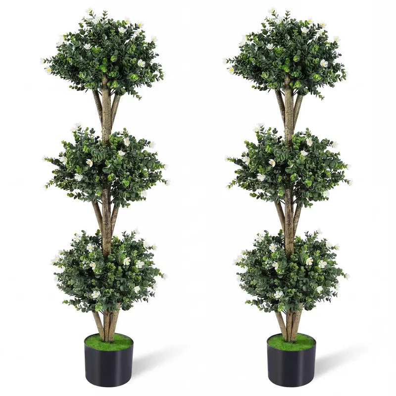 51-Inch Artificial Triple-Ball Boxwood Topiary Tree with 59 Blossoms and Weighted Plastic Pot