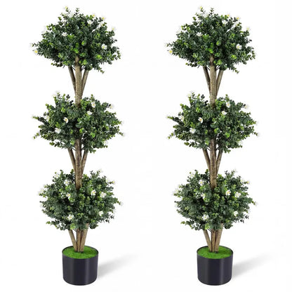 51-Inch Artificial Triple-Ball Boxwood Topiary Tree with 59 Blossoms and Weighted Plastic Pot