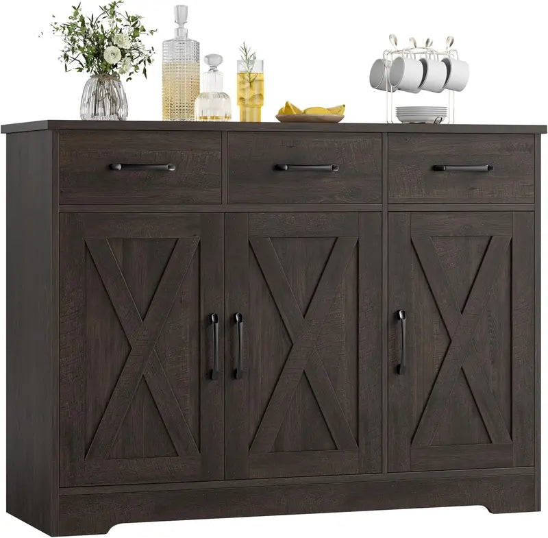 HOSTACK Farmhouse Buffet Cabinet  Barn-Door Design, Drawers & Hidden Storage