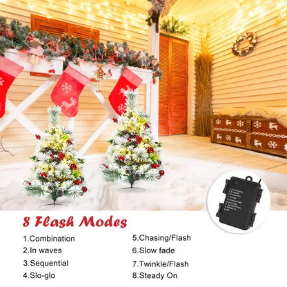 Set of Two 2-Foot Pre-Lit Snow-Flocked Pathway Christmas Trees