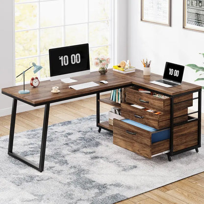 Reversible L-Shaped Industrial Computer Desk  53-Inch Rustic Brown Home Office Workstation with 3 Drawers and Open Shelving