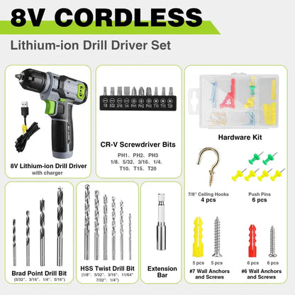 WORKPRO 8V Cordless Drill Kit — 53-Piece Bit Set, 2.0Ah Battery, 3/8″ Keyless Chuck, Pink Ribbon Storage