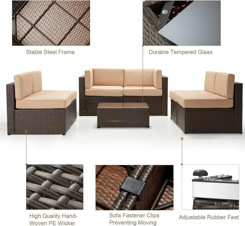 7-Piece PE Rattan Patio Furniture Set  Navy Cushioned Sectional Sofa, Tea Table & Black Wicker Frame for Backyard Use