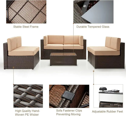 7-Piece PE Rattan Patio Furniture Set  Navy Cushioned Sectional Sofa, Tea Table & Black Wicker Frame for Backyard Use