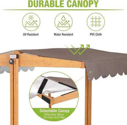Kids’ Wooden Outdoor Sandbox with Retractable Canopy  Includes Foldable Benches & Sand Liner