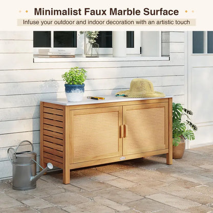 Acacia Wood Outdoor Storage Cabinet with Faux Marble Top and Weather-Resistant Finish