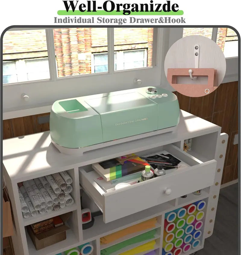 Rolling Craft Storage Cart for Cricut Machines  Mobile Workstation with Large Drawer, 48-Spool Vinyl Holder & Tabletop Surface