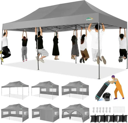 COBIZI 10×20 Pop-Up Canopy Tent  Heavy-Duty Commercial Grade with 6 Sidewalls for Weddings and Parties