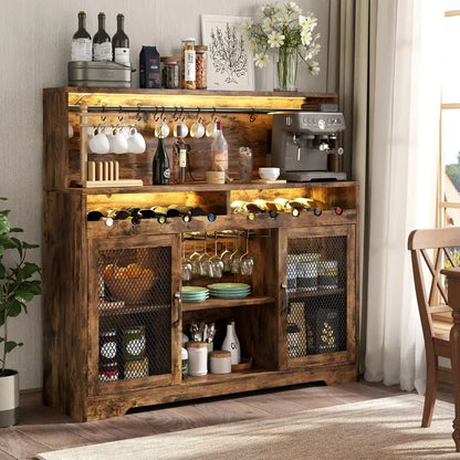 LED-Lit Wine & Liquor Bar Cabinet  Glass Shelving, Coffee Station Design, Integrated Lighting