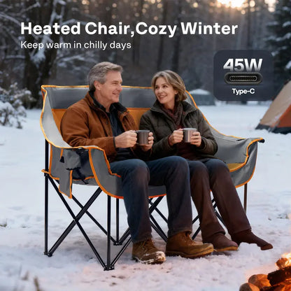 Heated Dual-Seat Camping Loveseat  Integrated Power Bank Ports & Cup Holders