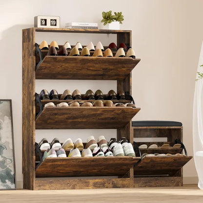 Discreet Freestanding Wood Shoe Cabinet with Three Concealed Flip Drawers