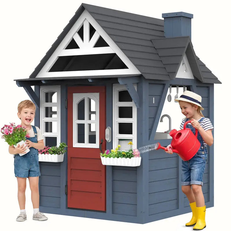 CocluB Wooden Kids’ Playhouse  Outdoor Pretend Play Structure for Ages 48 with Functional Doorbell, Toy Phone, Kitchen Set, and Bilingual Labeling