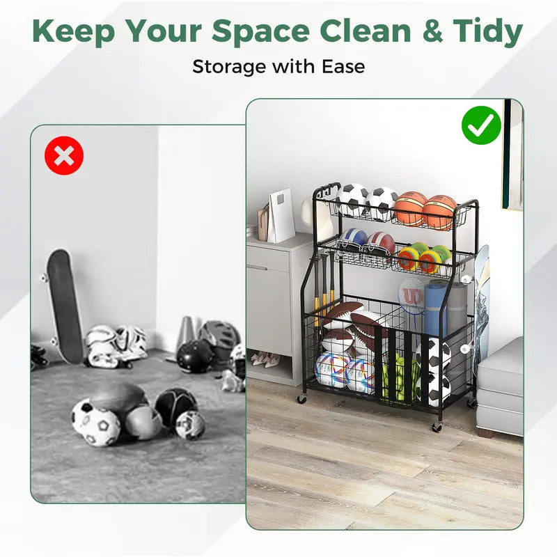 Mobile Sports Equipment Organizer  Wheeled Ball Rack for Garage or Gym Storage