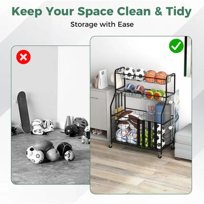 Mobile Sports Equipment Organizer  Wheeled Ball Rack for Garage or Gym Storage