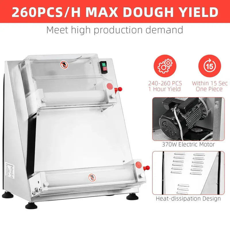 Commercial Electric Pizza Dough Sheeter  16-Inch Max Width, 370W Stainless Steel Roller for Pasta, Noodles & Flatbreads