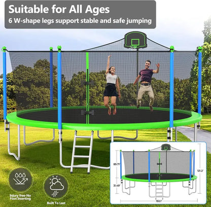 16-Foot Upgraded Trampoline with Enclosure Net and Adjustable Basketball Hoop