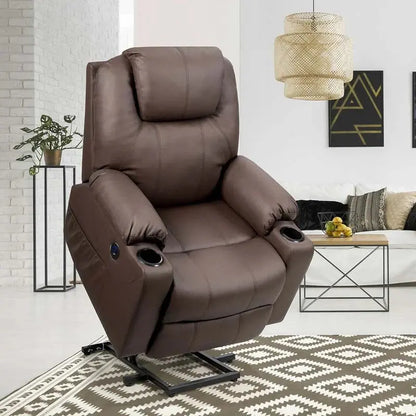 Electric Power Lift Recliner Sofa  Leather Massage Chair with Lumbar Heat, Vibrating Nodes, Cup Holder & USB Charging Port