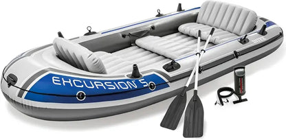 Excursion Inflatable Fishing Boat  SuperTough PVC, Adjustable Backrest Seats, Rod Holders, Welded Oar Locks, Includes High-Output Pump & Oars
