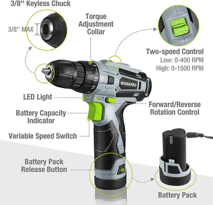 WORKPRO 12V Keyless Chuck Cordless Drill Driver with Charger and Carry Bag