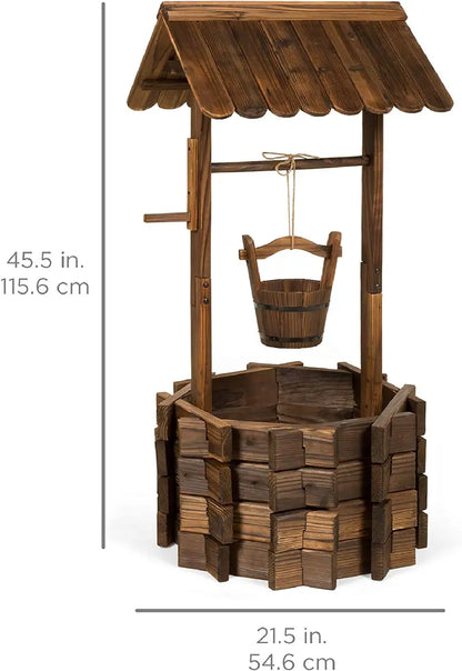 Rustic Wishing Well Planter  Handmade Wooden Outdoor Decor with Hanging Bucket
