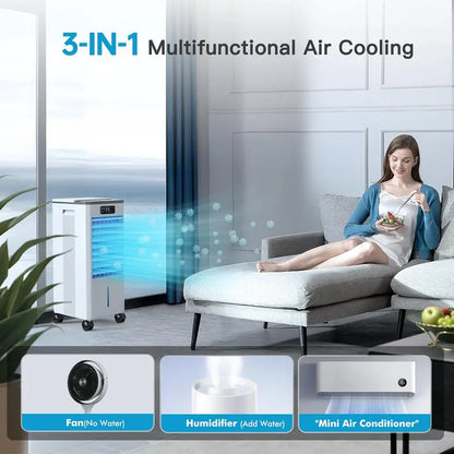 Hose-Free Portable Evaporative Air Cooler  3-Speed, 3-Mode Swamp Cooler with 12-Hour Auto-Off, 20-Hour Runtime, 16-Foot Remote