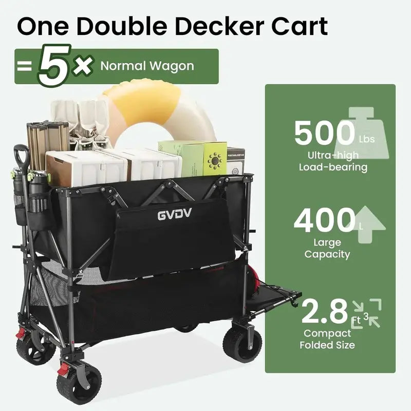 Heavy-Duty Double-Decker Folding Cart  500 lb Capacity, 400L Volume, All-Terrain Wheels