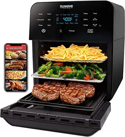 Nuwave Brio 15.5-Quart Air Fryer Oven — Family-Sized, 1800W, Rotisserie, Grill Plate, and Smart Thermometer