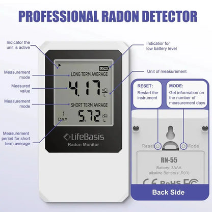 Life Basis Radon Gas Detector  Accurate 0500 pCi/L Home Monitoring System