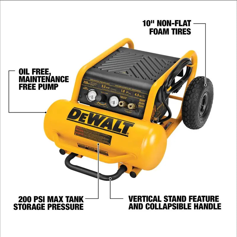 DEWALT HEAVY-DUTY 200PSI, 4.5 GALLON ELECTRIC WHEELED COMPRESSOR (D55146)