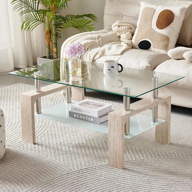 Contemporary Rectangle Coffee Table  Glass-Topped Living Room Side Table with Wooden Legs, Ideal for Waiting Areas
